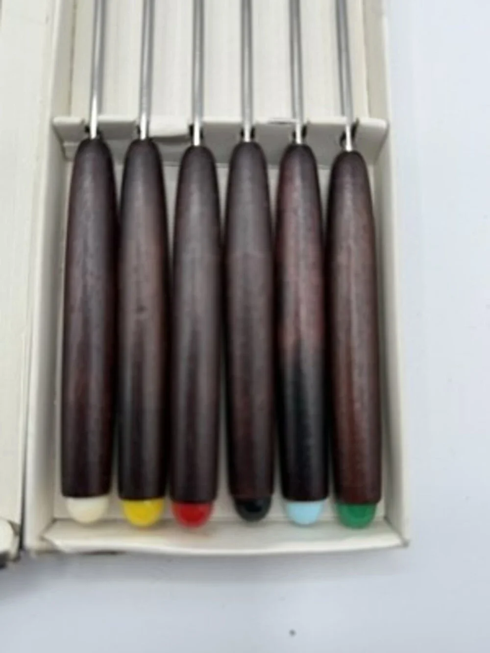 Set of 6 vintage 1960’s Fondue Forks with Color  Knobs Wood Stainless Steel